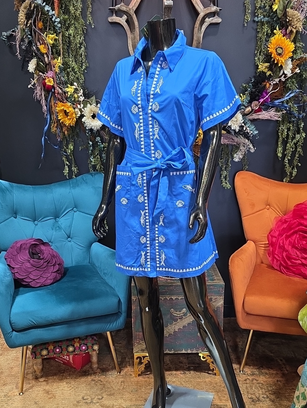 Sugarlips Royal Blue Embroidered Beach Theme Tie-Waist Mini Dress